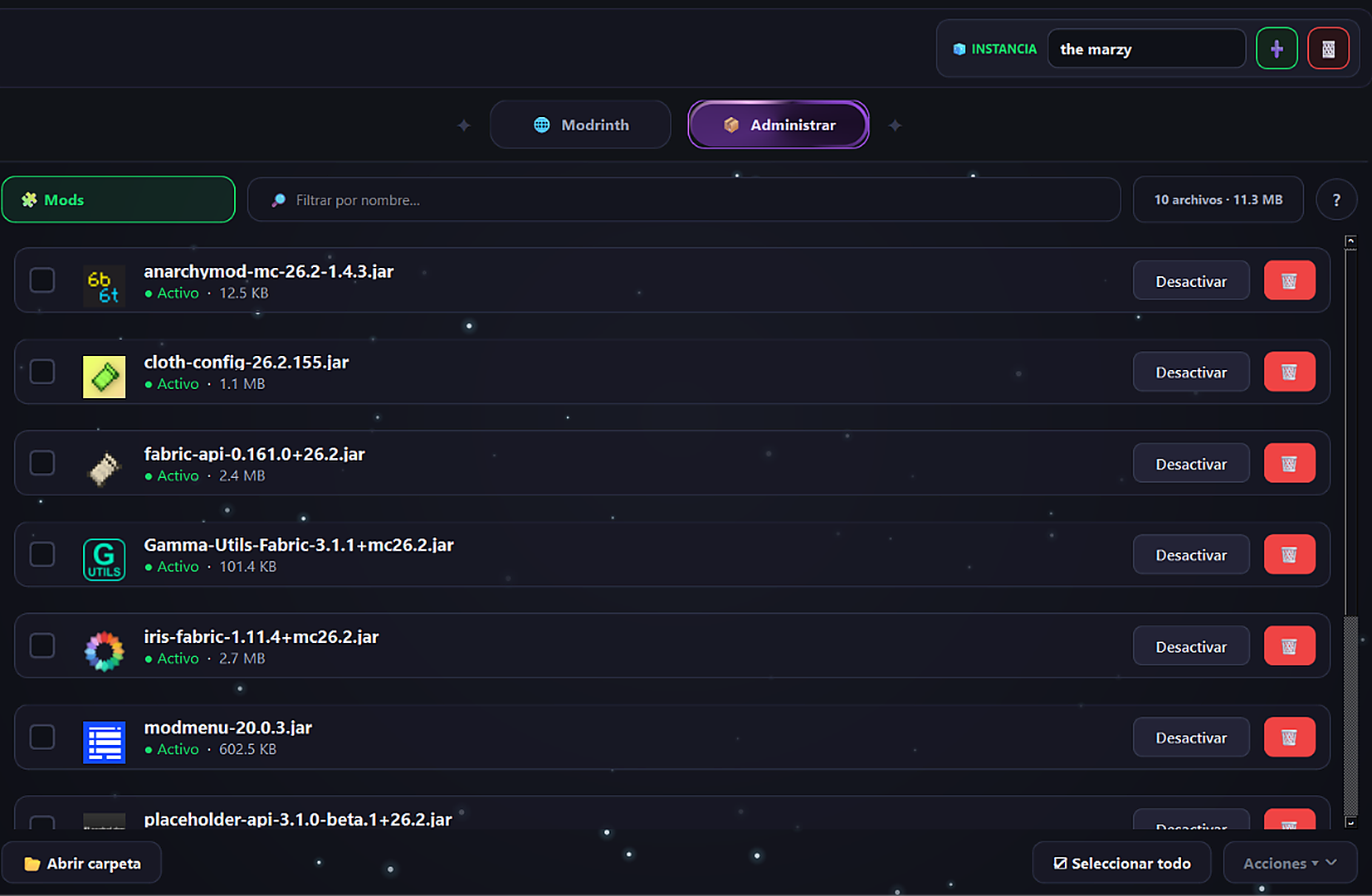 Administrador de mods de Kerbytt Launcher con lista de archivos activos