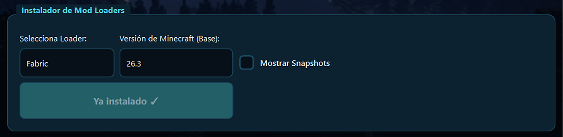 Instalador de mod loaders con selector de loader Fabric y versión de Minecraft