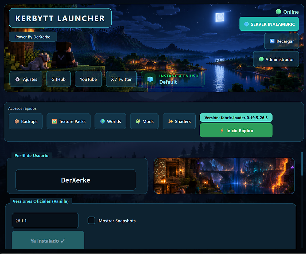 Pantalla de inicio de Kerbytt Launcher con accesos rápidos, perfil de usuario y versiones